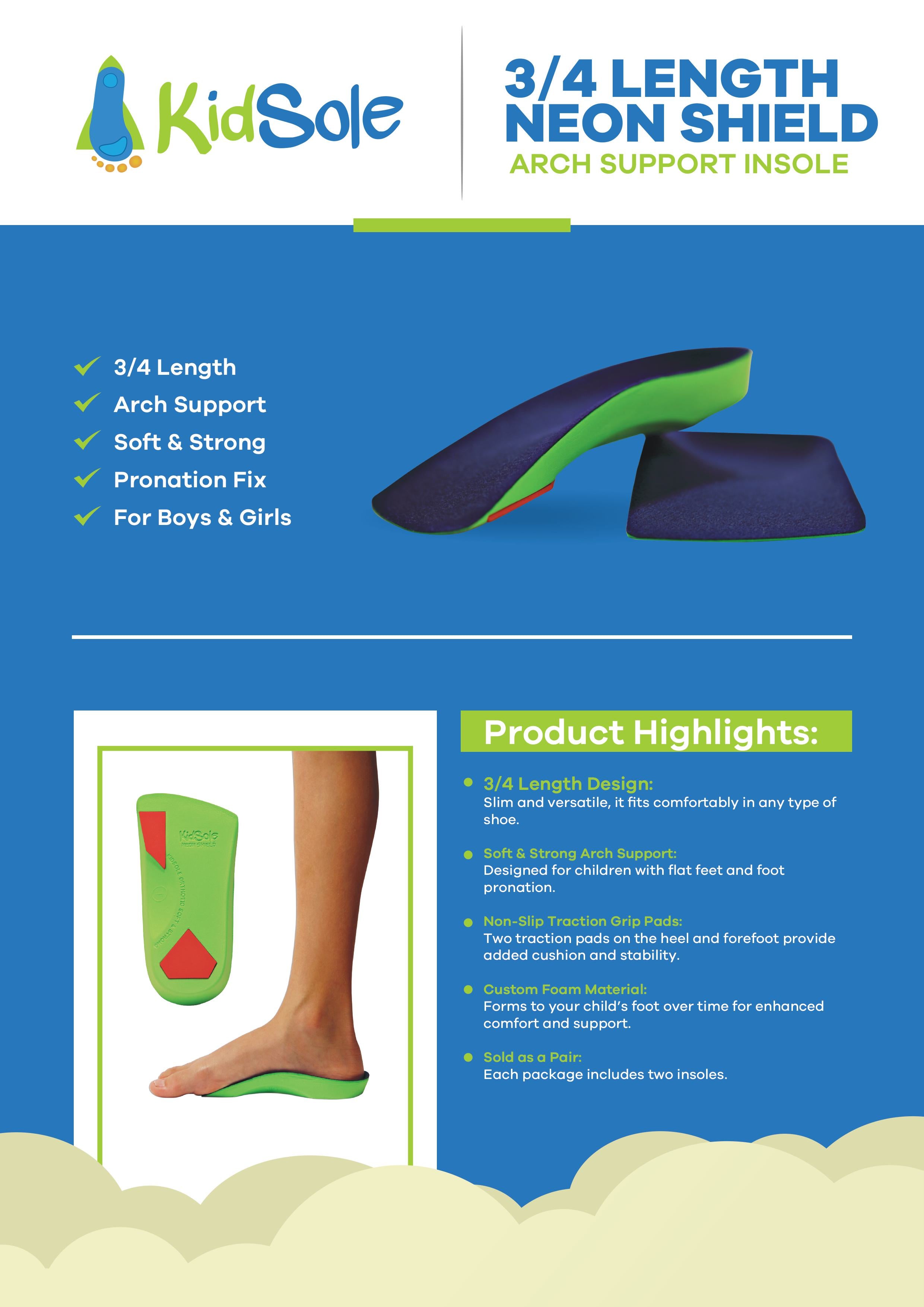 Insole Support Guard 3/4 Length Neon Shield Arch Support Insole